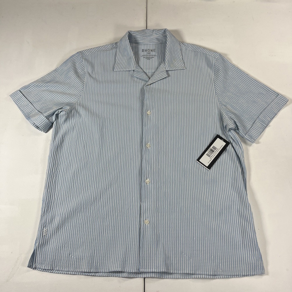 Rhone Commuter Seersucker Button Striped Blue Shirt Italian Fabric Mens M NWT
